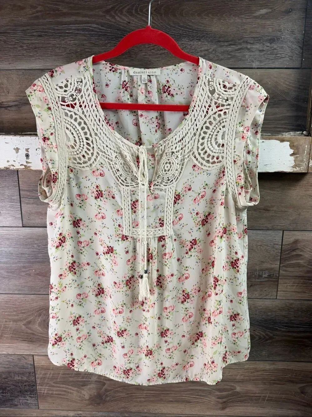 Daniel Rainn XL Cream Pink Floral Crochet Lace Boho Peasant Blouse Tassel Tie